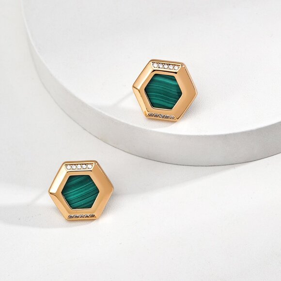 Handmade Jewelry - 💚 Artisan Original Malachite Hexagon Stud Earrings | S925 Gold
